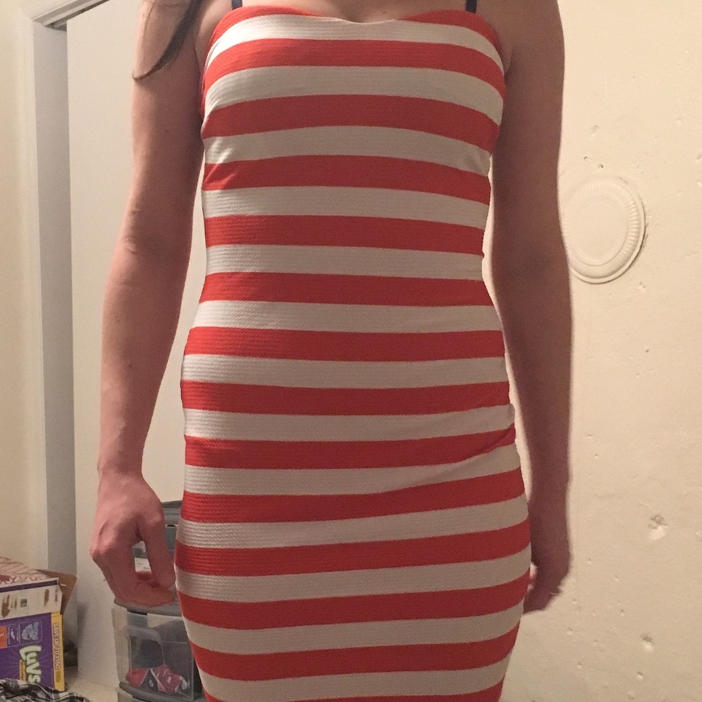 Red & white striped strapless dress